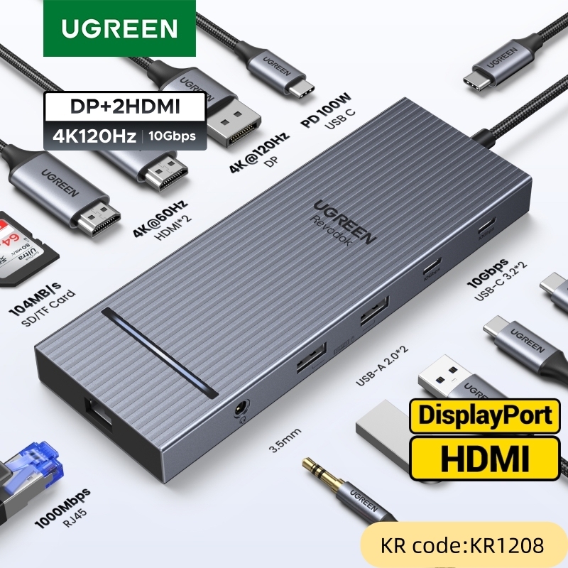  UGREEN 12-in-1 USB HUB Type-C to 2HDMI 4K120Hz DP USB3.2 10Gbps SD/TF RJ45 PD100W for MacBook Dell HP Laptop Accessories Docking 