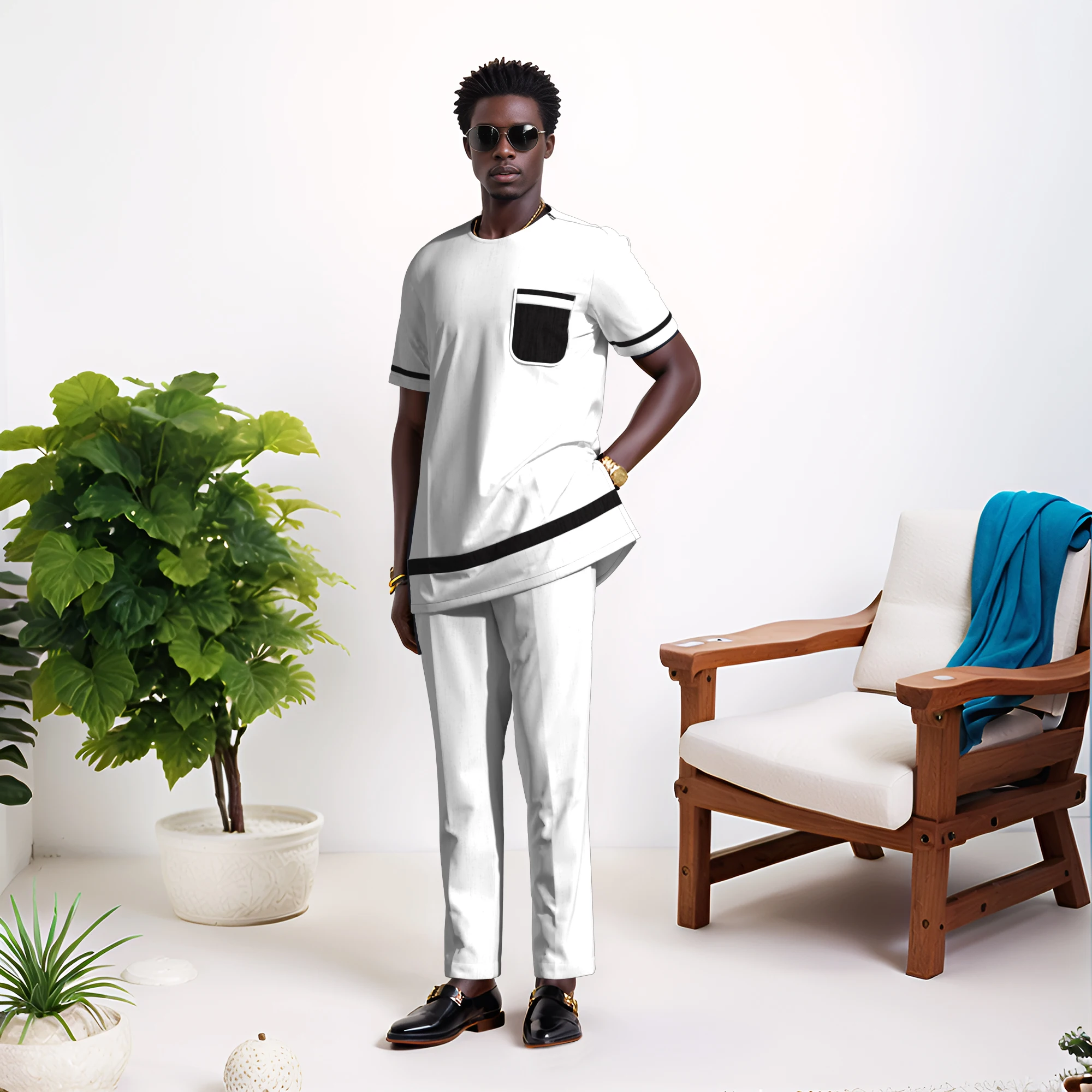 African Clothes for Men Patchwork Print Short Sleeve African Men's Suit Top Pants Outfit Men Dashiki Shirt Trouser WYN2271