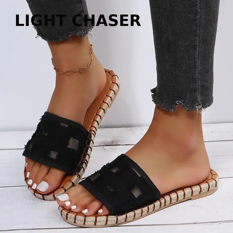 2022 New Round Head One-line Hand-sewn Bag Soft Leather Slippers Women's Large Size Flat Bottom Outer Wear Beach Sandals 36-43