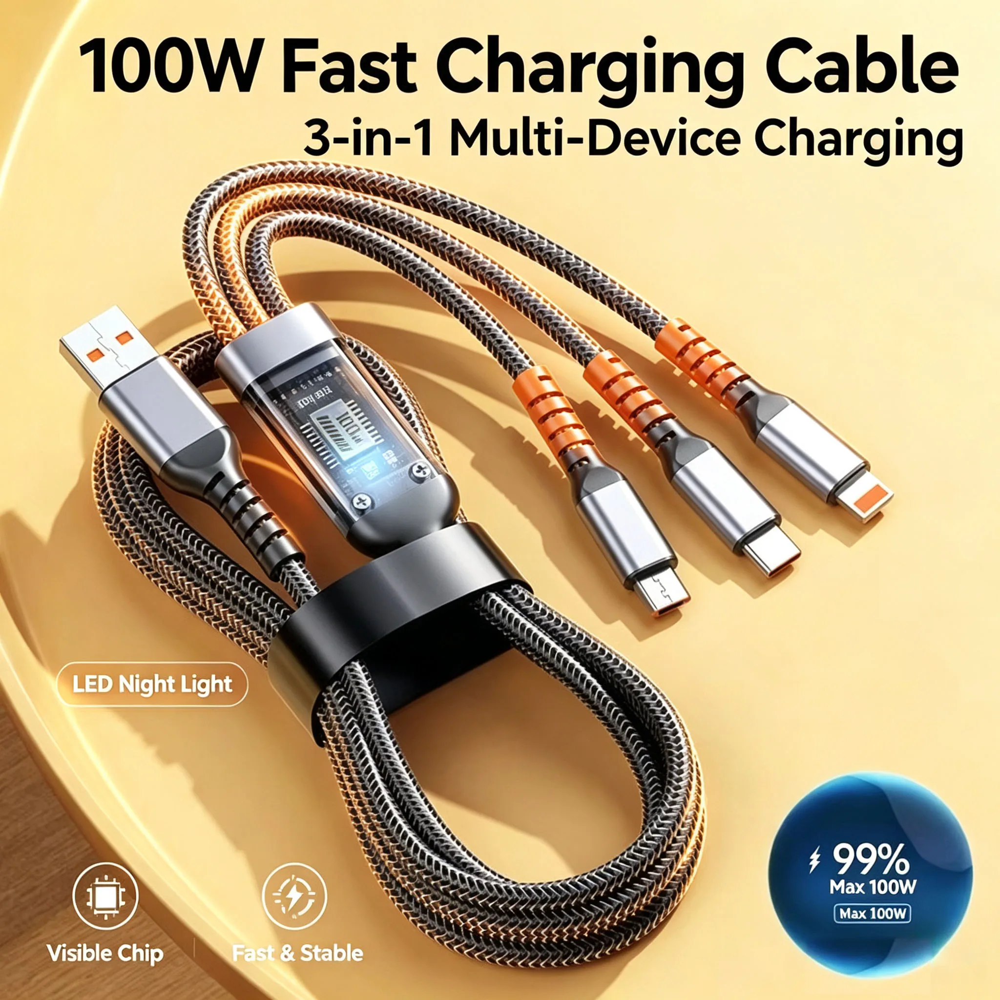 1. 3 in 1 100W Fast Charging Cable Transparent LED Night Light USB Type C Micro Charger Cord for iPhone Huawei