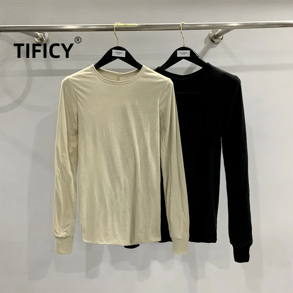 Men's and Women's Double-layer Design RICK Pure Cotton Thin Fabric Knitted Solid Color Ro Base Round Neck Long Sleeved Shirt