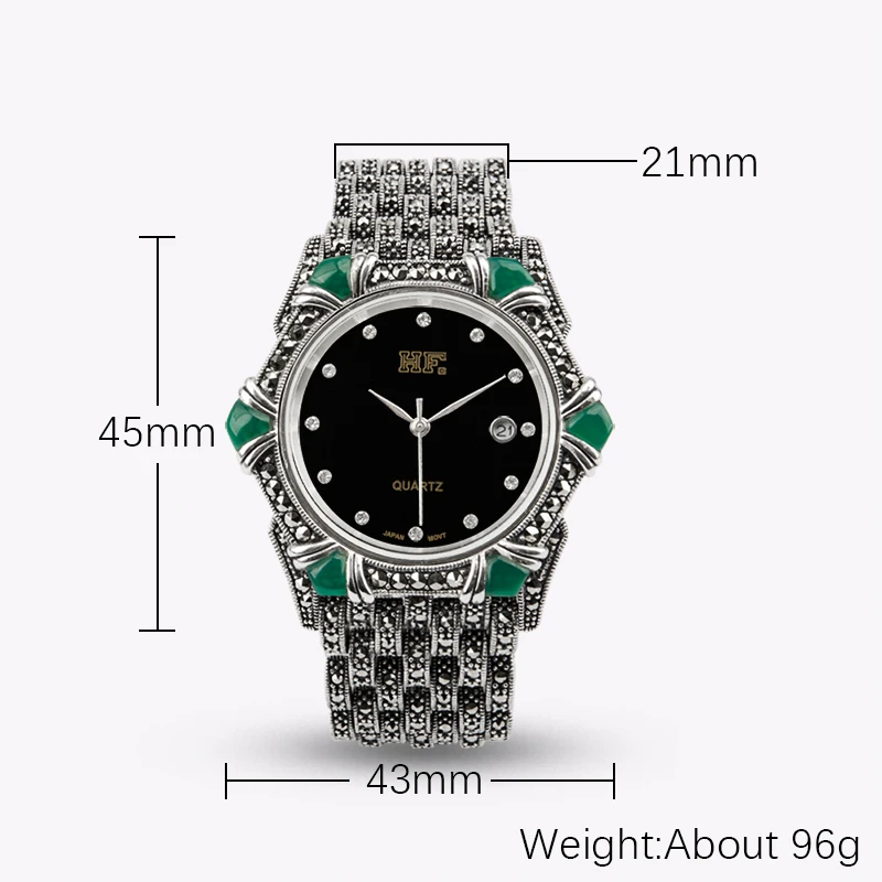 YYSUNNY Classic Polygon Watch S925 Sterling Silver Strap Inlaid Green Onyx Vintage High Quality Ladies Jewelry Birthday Gift
