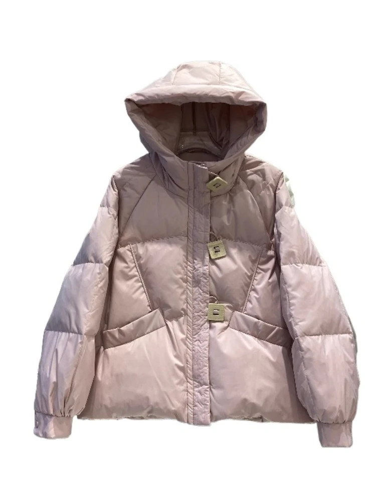 2025 신상 여성용 후드 스퀘어 버클 브레드 다운 자켓 패션 캐주얼 90% 화이트 덕 오버코트 겨울 아우터