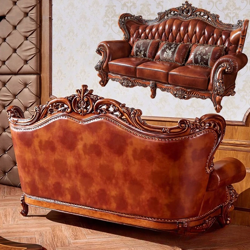 Wohnzimmer erste Schicht Rindsleder Sofa Massivholz doppelseitige Schnitzerei