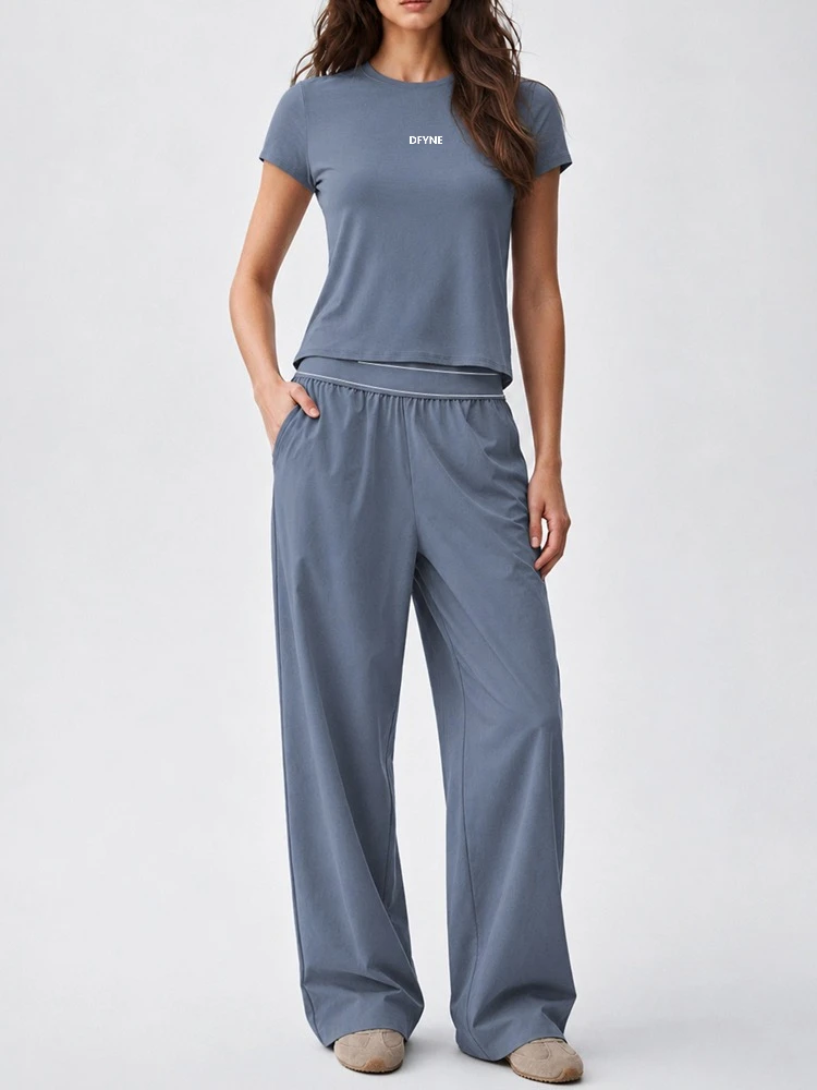 DFYNE Women 2 Piece Set Blue Short Sleeve Crop Top Wide Leg Pants Casual Lounge Wear Yoga Activewear Oversized Streetwear Outfit