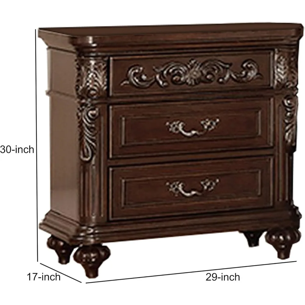 30 Inches Nightstand with 3 Drawers, Antique Pull Handles, Supported on Turned Legs, Engraved Wooden Nightstand