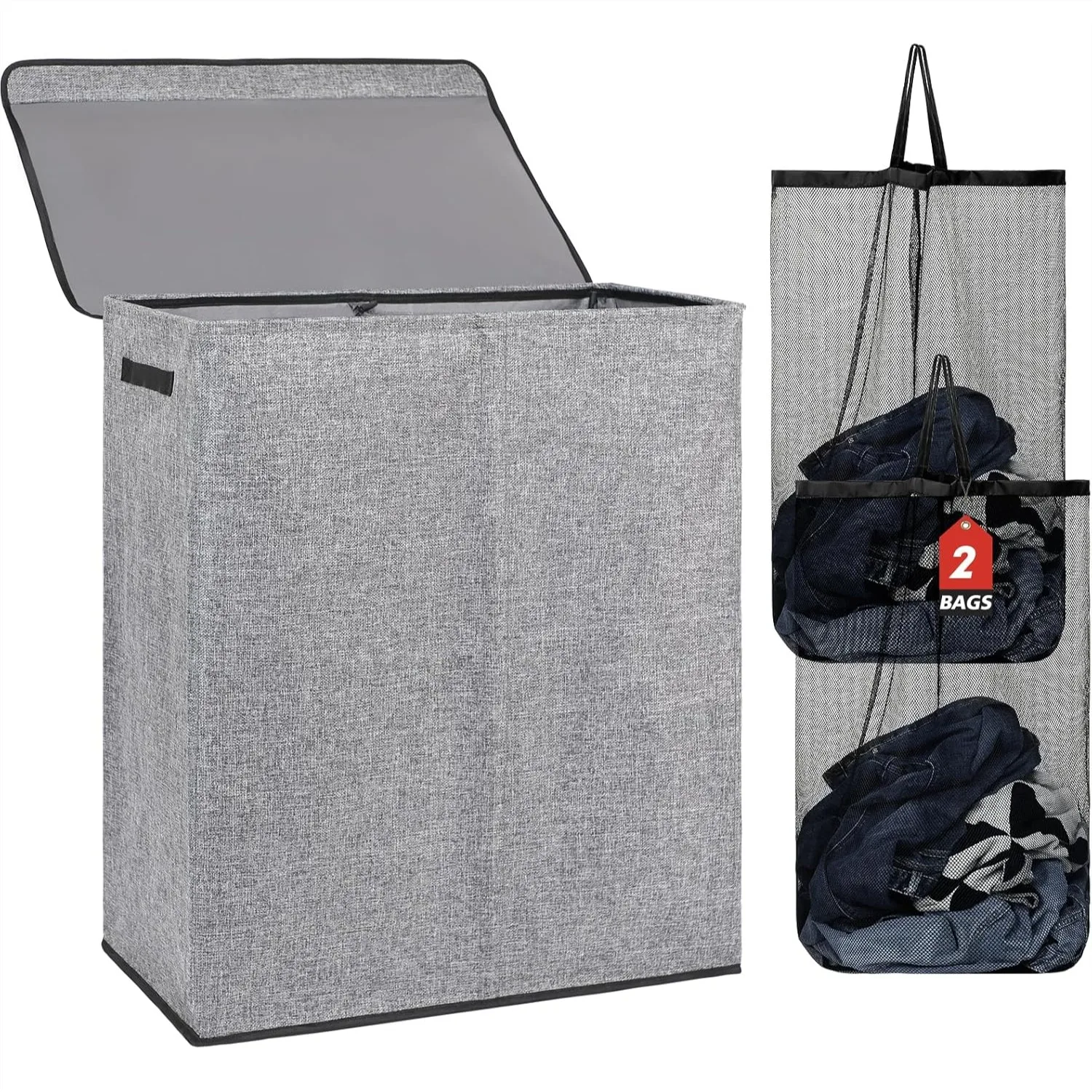 

150L Large Laundry Basket with Lid and Removable Bags, Collapsible Hamper 2 Sections for Bedroom