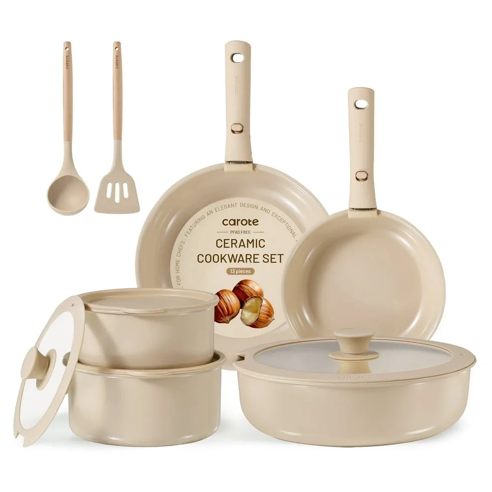 

Carote Ceramic Cookware Set, Non Toxic Detachable Pots And Pans, 13 Pcs Induction Cookware, Taupe