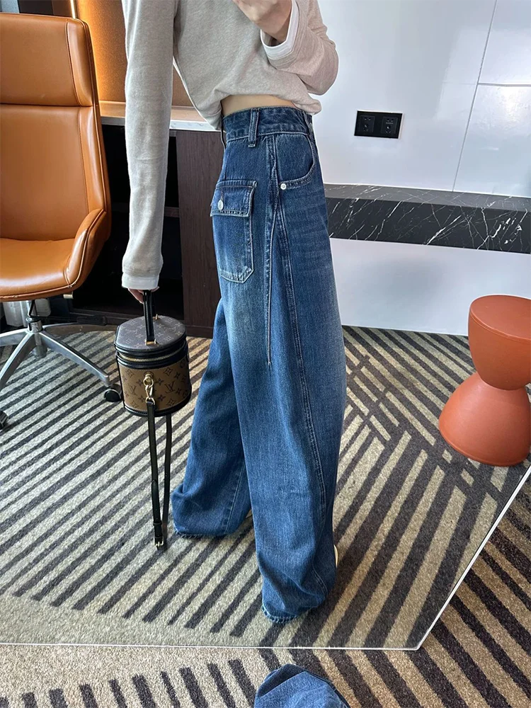 Loose High Waist Wide Leg Denim Jeans Women's Lazy Style Casual Long Pants Autumn New plus Size American Curved Knife Jeans
