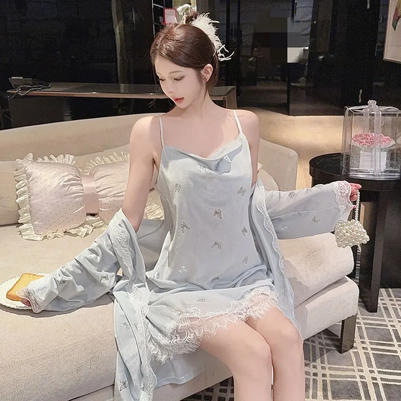 أنثى فراشة الذهب المخملية Twinset رداء مجموعة ثوب النوم الخريف الشتاء القطيفة ملابس خاصة باس النوم صالة ارتداء ملابس المنزل #1