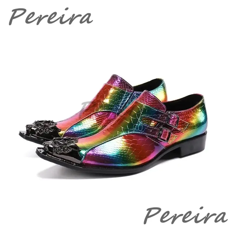 Colorful Double Buckle Formal Shoes Luxury Metal Pointed Toe Genuine Leather Business Casual Shoes Party Wedding Dress Shoes