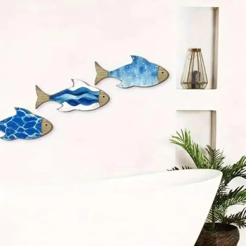 3 Pcs Vintage Beach Wall Decor Nautical Wooden Fish Wall Art Coastal Theme Blue Fish Wall Sculpture Lake House Ocean Ornaments F