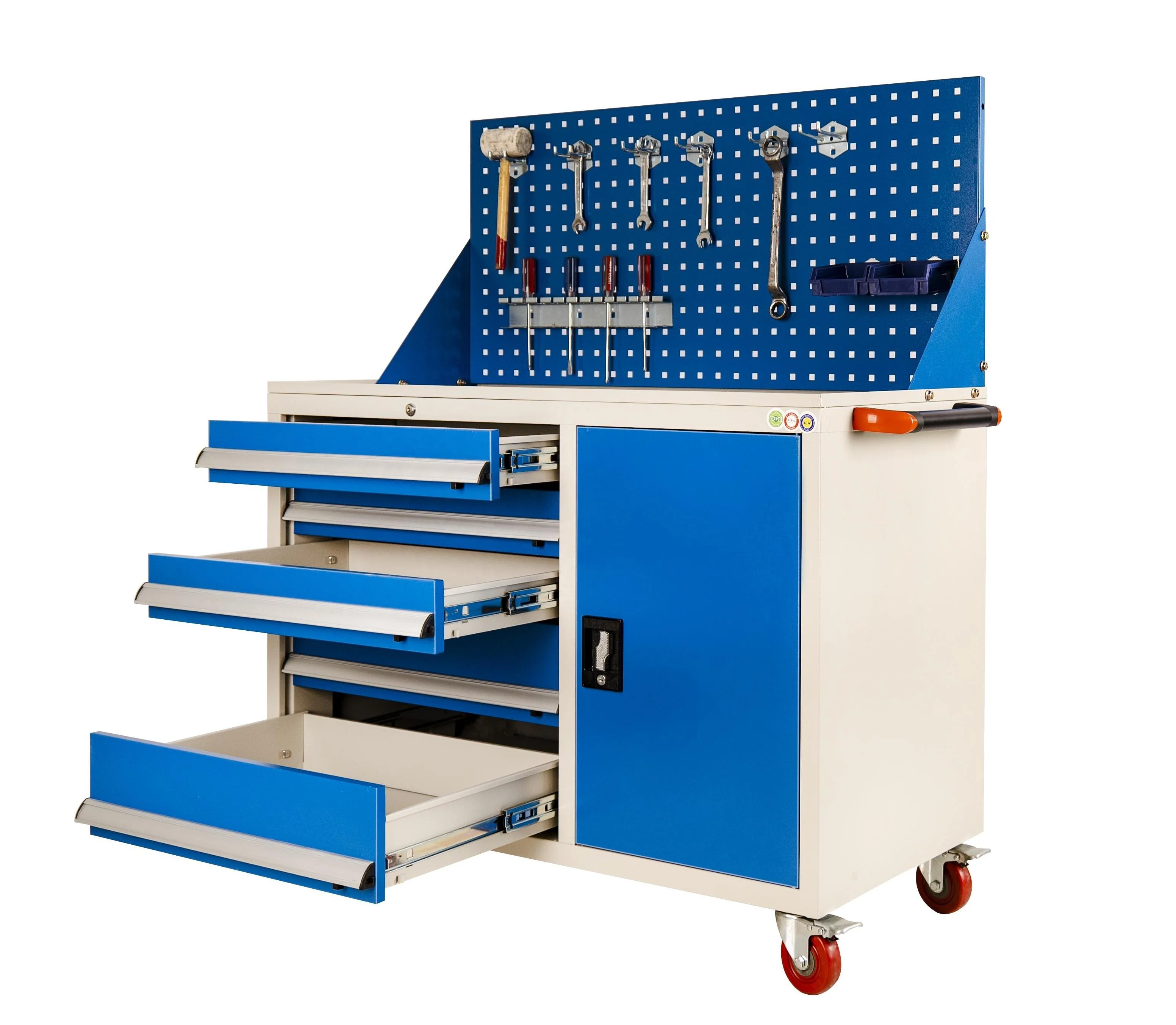 

Металлическая тележка для инструментов с четырьмя выдвижными ящиками и одной дверцей для офиса, отеля, гаража, мастерской