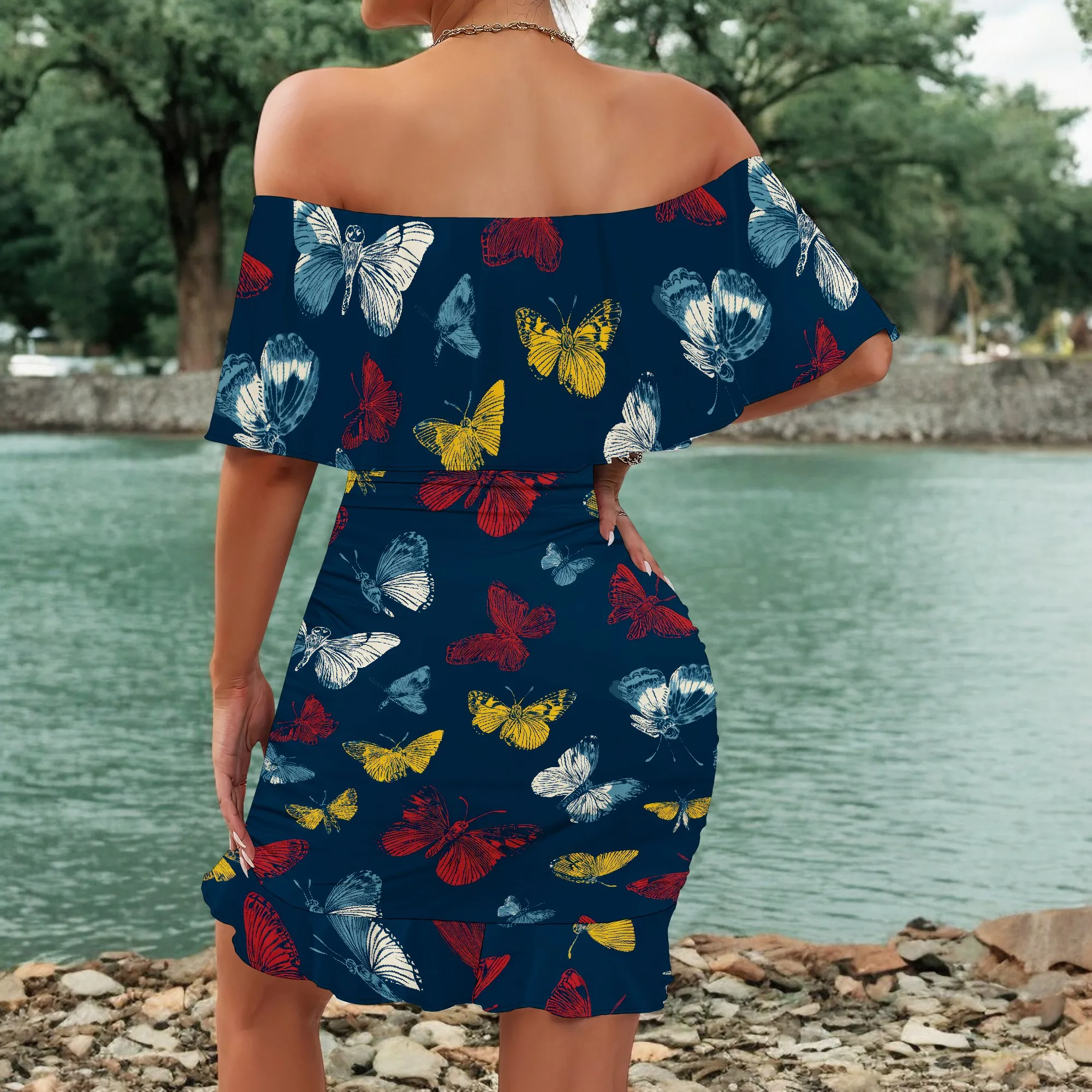 Womens Off Shoulder Ruffle Floral Summer Wedding Guest Dresses A Line Shift Short Skater Dress