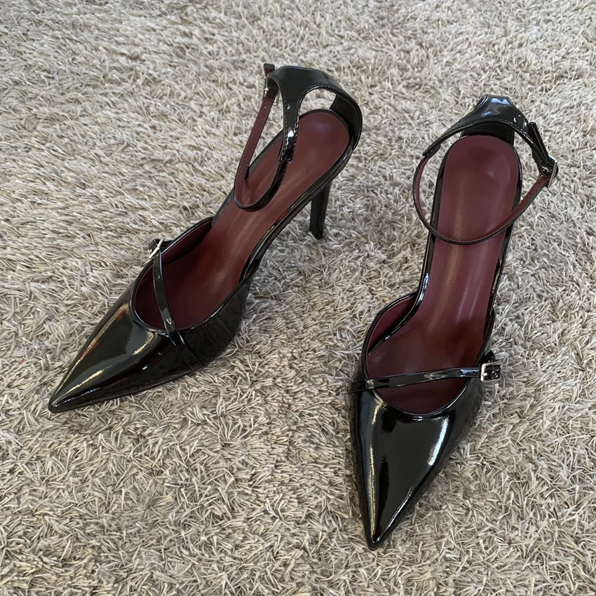 

Элегантные черные туфли-лодочки на высоком каблуке с ремешком на щиколотке, женские, с острым носком, с пряжкой, дизайнерские, для вечеринок, свадебные