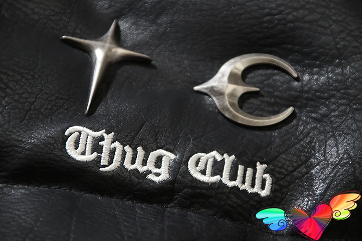 Bright surface PU Leather Thug Club WADDED JACKET Men Women Embroidery Thug Club Logo Coats Thickening Zipper Outerwear