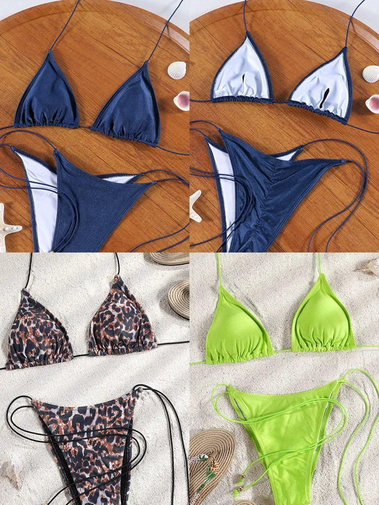 

Sexy Bikinis Triangle Micro Swimwear Women Bathing Suit Pleated Blue Swimsuit Females Bikini Sets Thong Biquinis