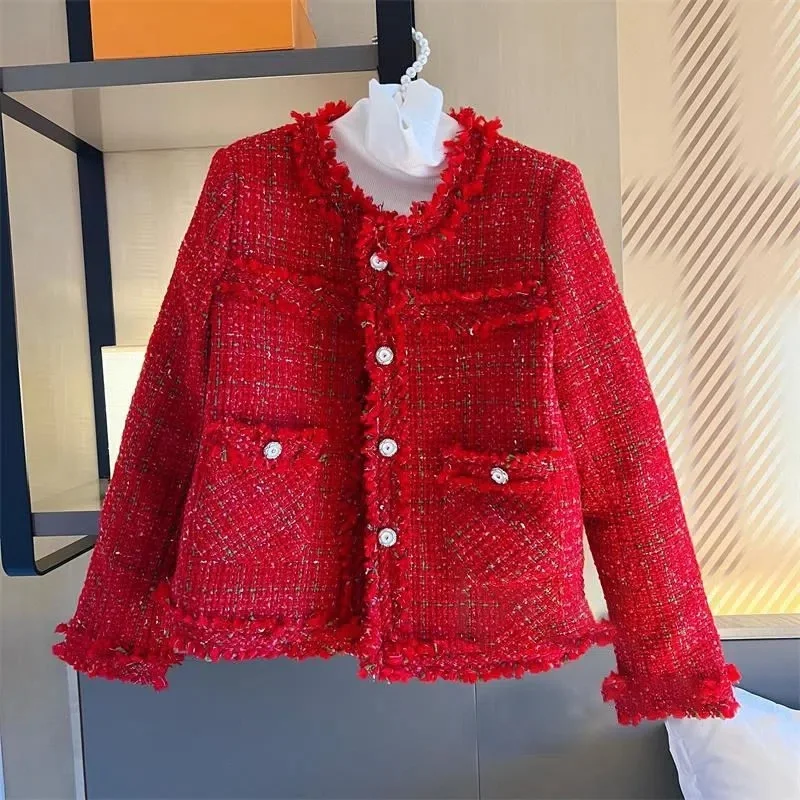 

Wool Red Jacket Woman Fluffy Short Padded Warm Tweed Winter Woolen 2023 Cropped Cold Coat