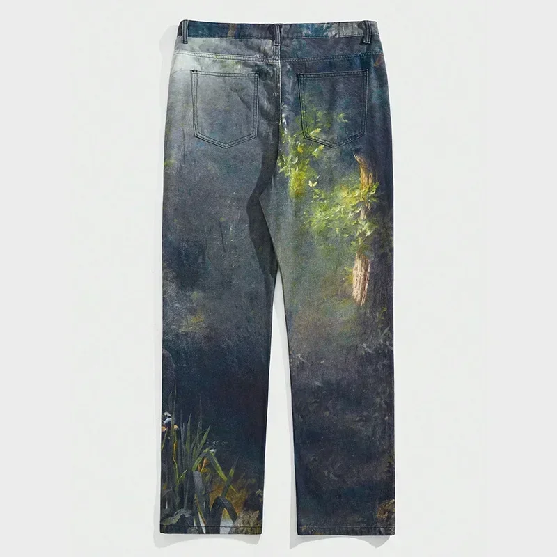 Pop European And American Street Men's Fashionable 3D Digital Pattern Printed, Ink-splashed And Tie-dyed Straight-leg Jeans.