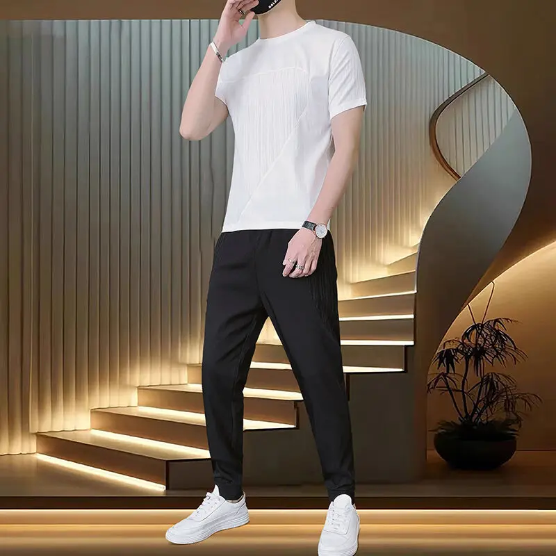 

Summer Ice Leisure Sports Suit Men's Trend Fashion Ice Men's T-shirt Korean Two-Piece Set Casual Sportswear Long Pants