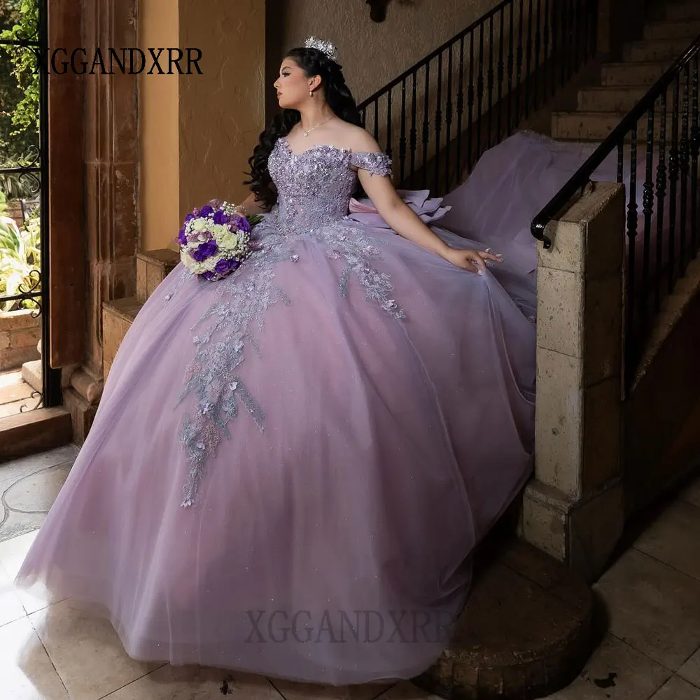 

Роскошное фиолетовое платье Quinceanera 2026 с длинным шлейфом, бальное платье принцессы Sweet 15 Flower Vestidos De XV Años, праздничное платье для девочек на день рождения