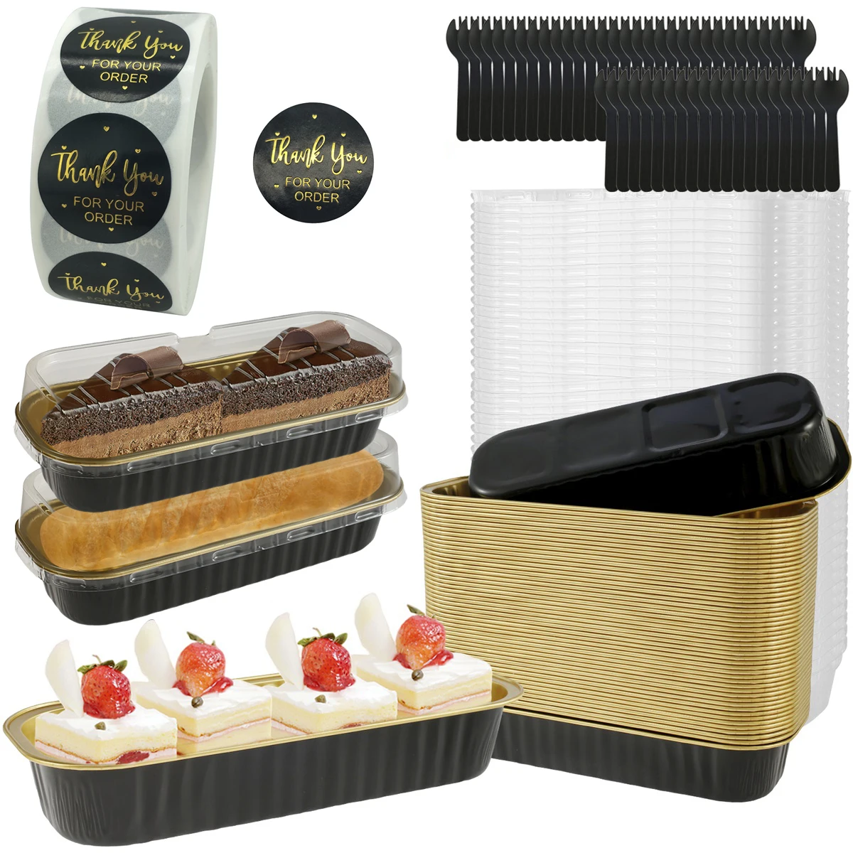 150Pcs/50sets Loaf Pans with Lids and Spoons Rectangle Aluminum Foil Baking Pans With Sticker Mini Bread Containers Muffin Tins