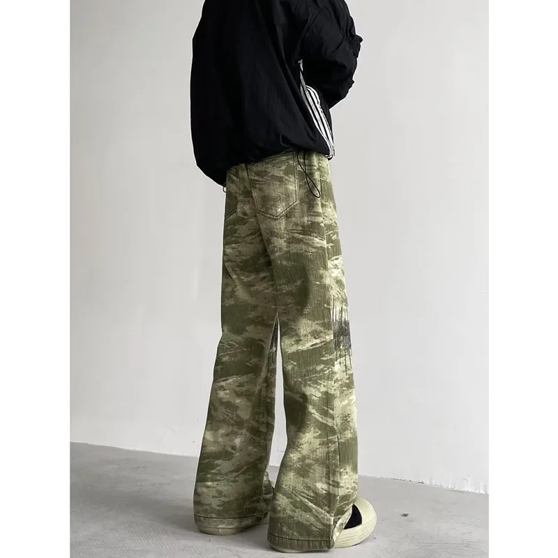 Cyber Y2K-pantalones vaqueros acampanados holgados de camuflaje para hombre, ropa recta Harajuku, pantalones largos informales a la moda, 2024