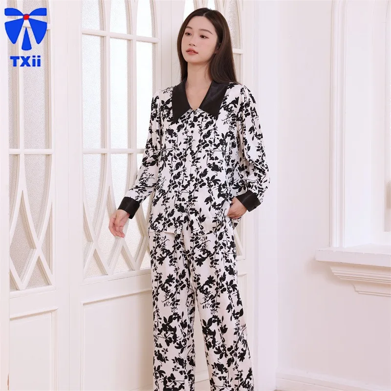 

TXii Newlook Pajamas Women's Autumn New Imitation Silk Iris Thin Floral suit Silk Retro Style Design Sense Home Clothes