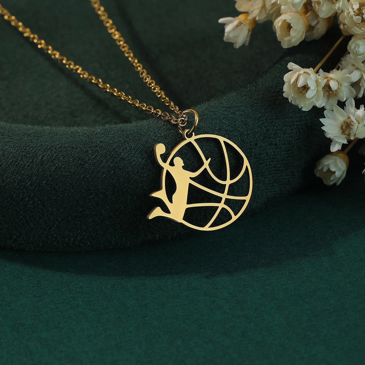 Kinitial Dunk Action Basketball Pendant Necklace Stainless Steel Women's Leisure Sports Jewelry Gifts for Sports Enthusiasts