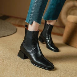 2024 Autumn New Retro Women Boots Ankle Boots Genuine Leather Shoes for Women Chelsea Short Boots Chunky Heel Ladies Women Shoes