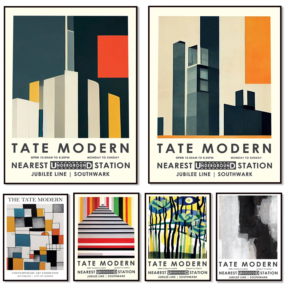 Tate Modern prints, ethnic motifs, architecture, London exhibition posters, bright abstract art, Aboriginal geometric prints