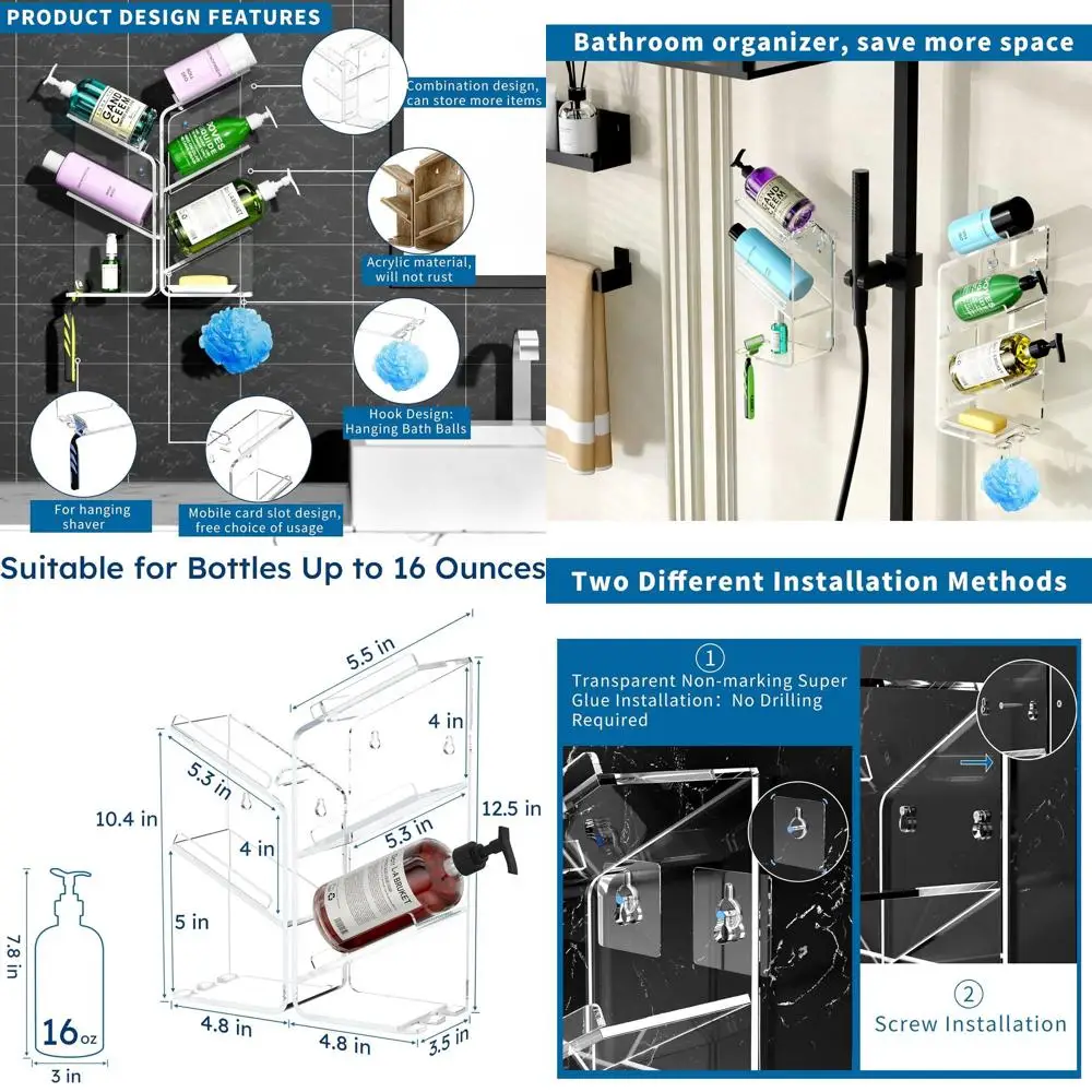 

Прозрачная акриловая полка для душа с присосками, настенный органайзер для шампуня, устойчивый к ржавчине и долговечный