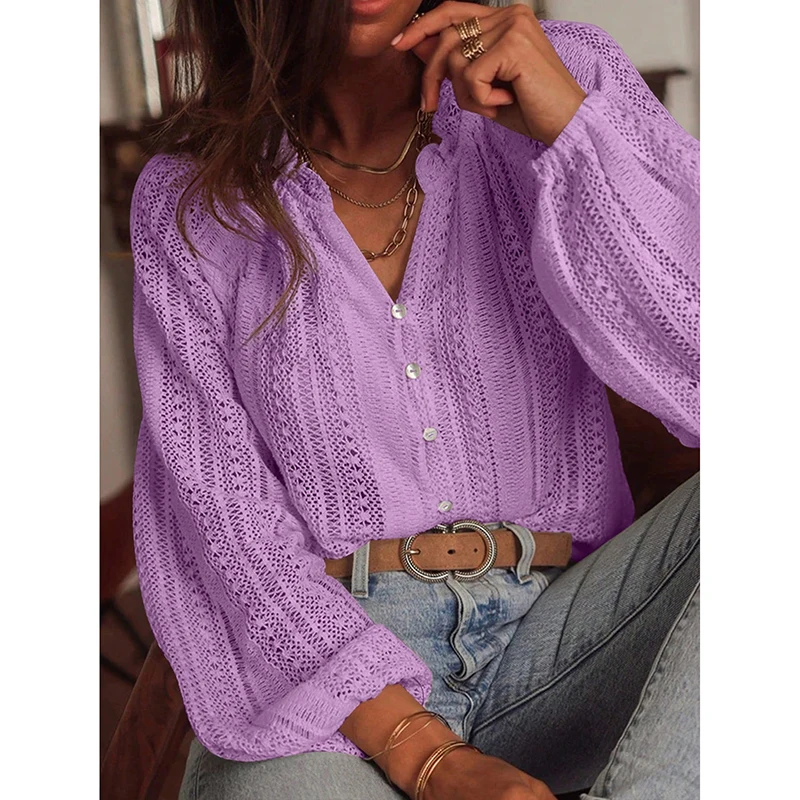 

Vintage Long Sleeve Blouses Autumn Knitted Design V Neck Casual Button Shirt Women Fashion Hollow Out Boho Tops