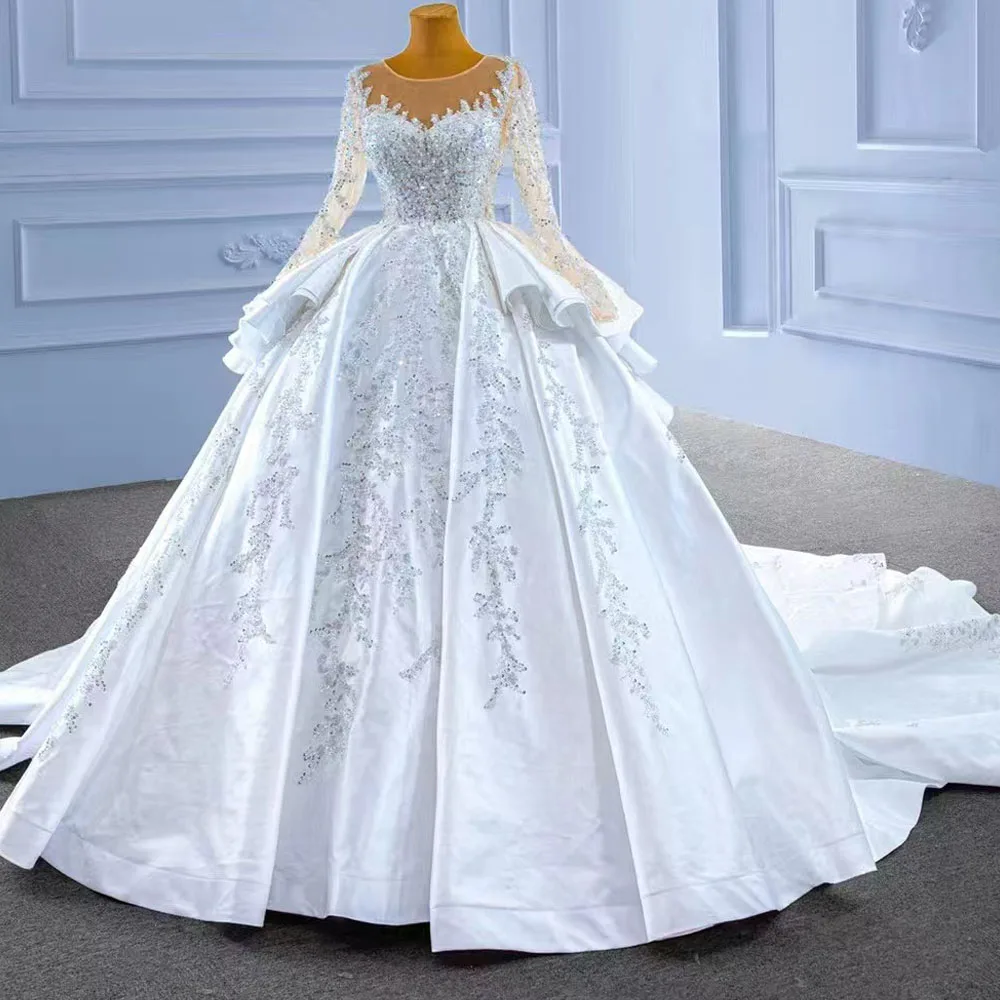 Wedding Dress O-Neck Long Sleeves Lace-Up Back Pearls Sequined Ball Gown Women's Elegant Bridal Gown - view 2