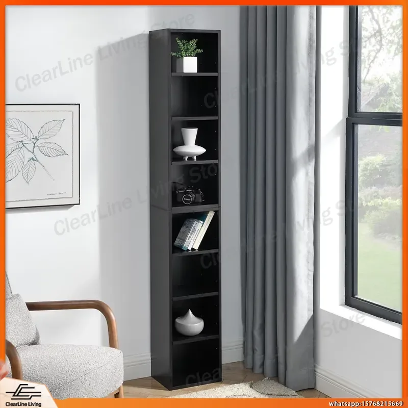 8 Layer Adjustable Bookshelf for Living Room Bedroom Office High Narrow Media Tower CD DVD Storage Display Shelf Slim
