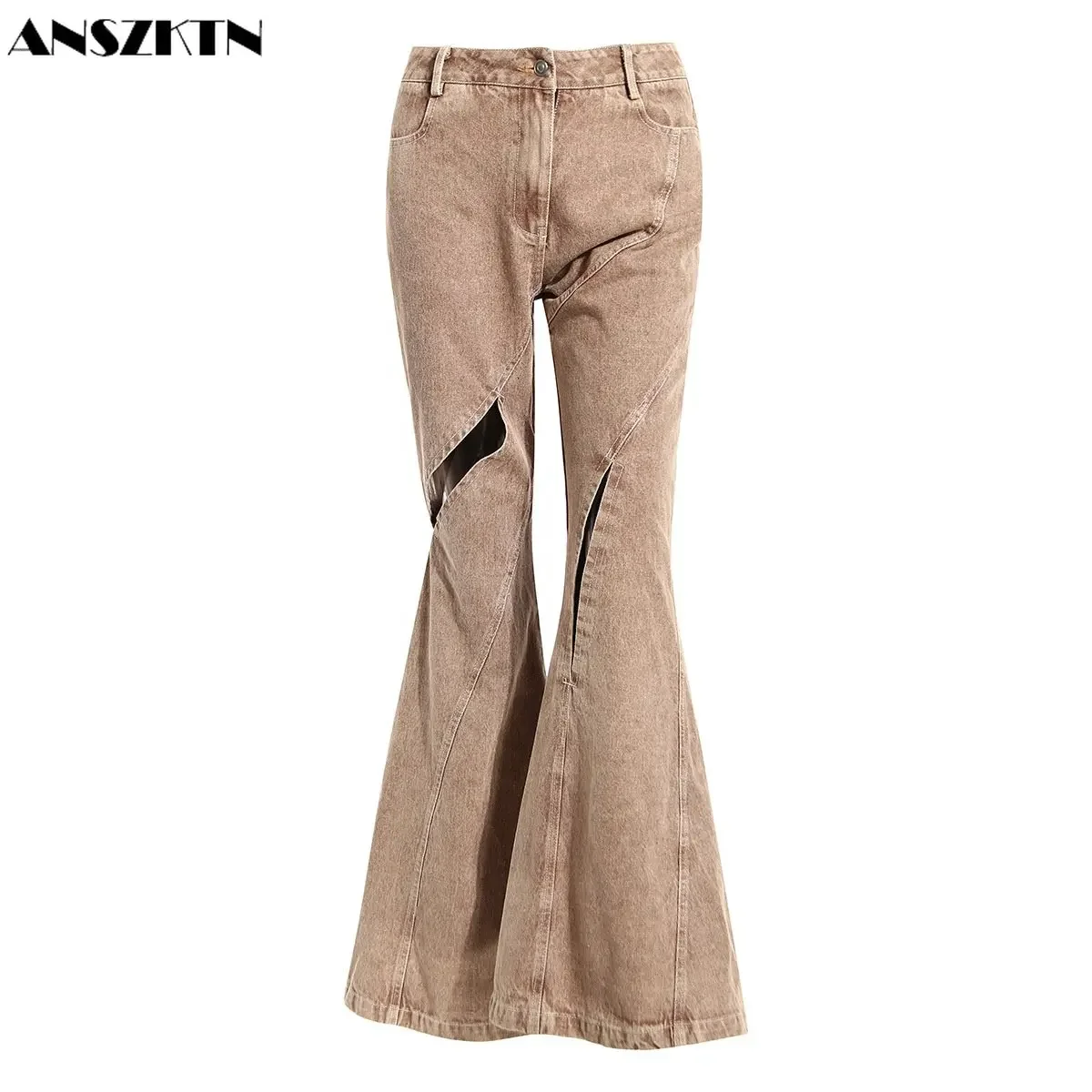 ANSZTKZN Pantalones vaqueros acampanados de mezclilla acampanados de color caqui de cintura alta con huecos a la moda para mujer