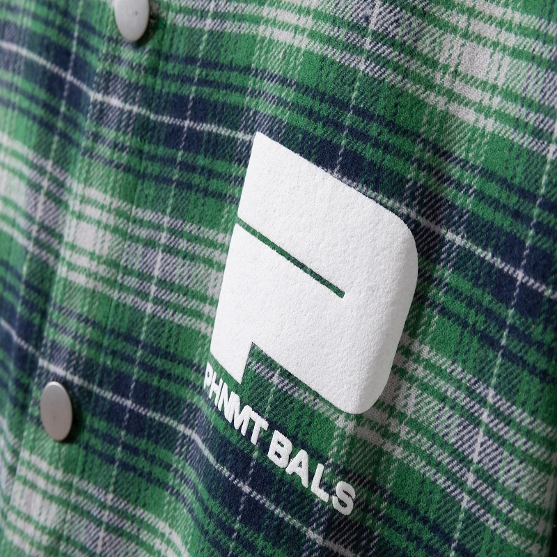 Autumn New Foam Letter Logo Blue-green Checkered Shirt Trendy Vintage Clothing Men Women Loose Casual Shirt Blouse V-shape