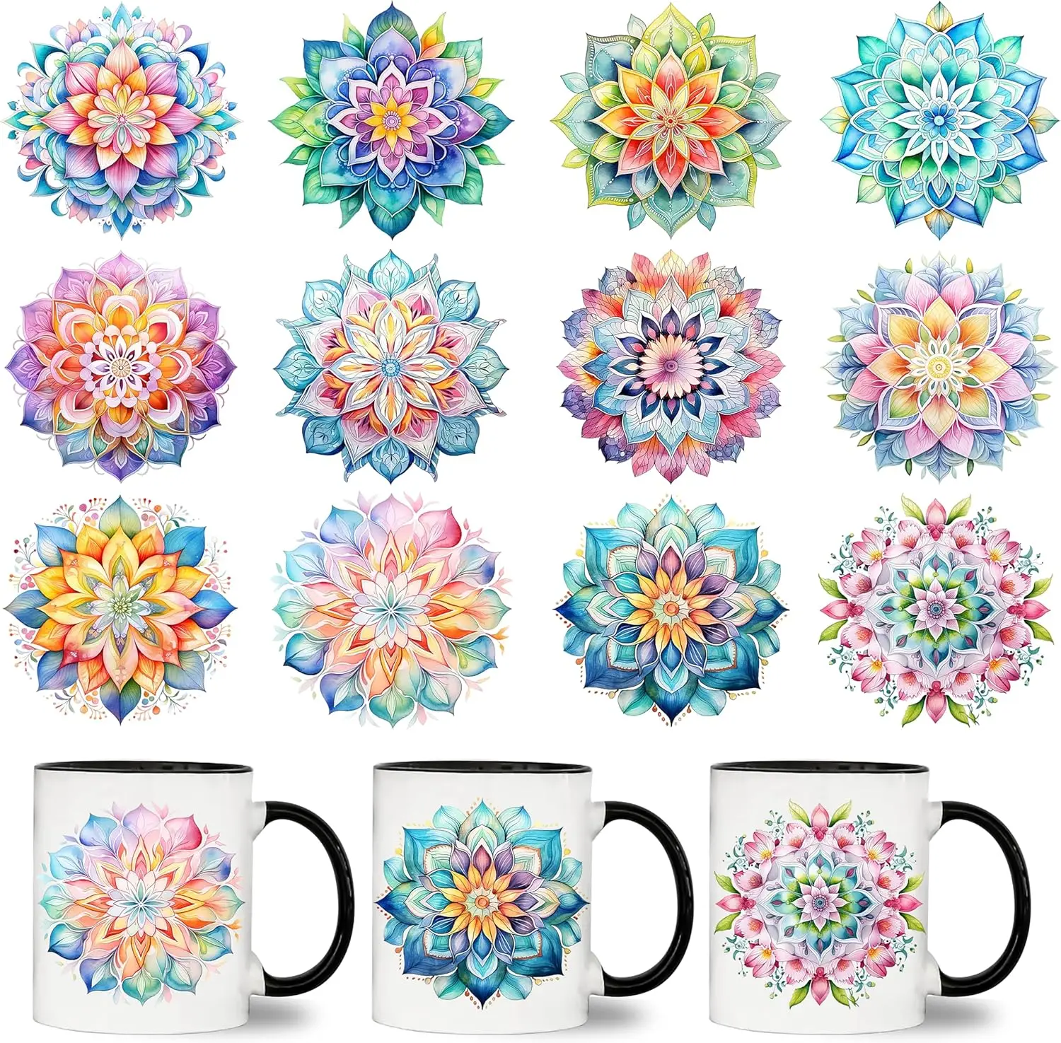 

UV DTF Cup Wrap - 12 Sheets Mandala Cup Stickers - Removable - DIY UV DTF Tumbler Wraps for Mug Cups