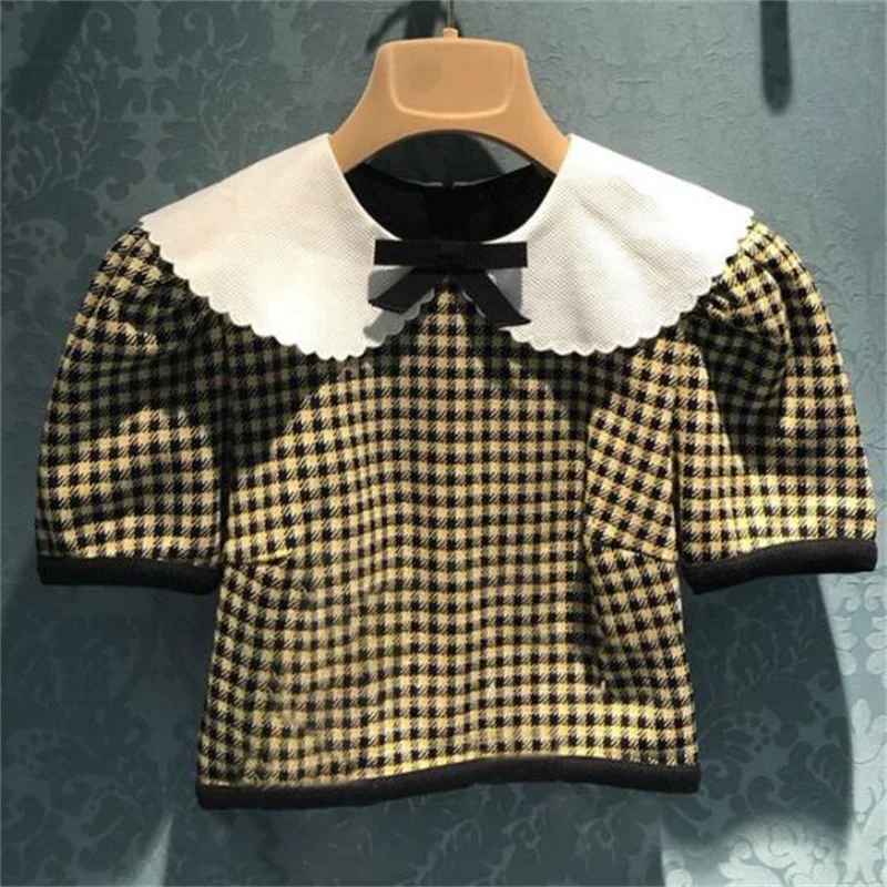 

Short Puff Sleeve Short Sleeve Plaid Knit Sweater Summer New Doll Collar Bow Top Women