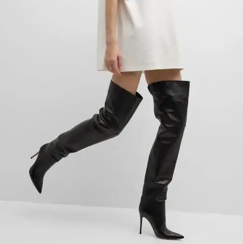 

Sexy Black Matte Leather Pointed Toe Slip On Stiletto Heels Over The Knee Boots Women Big Calf Slim Thigh Long Boots Size 43