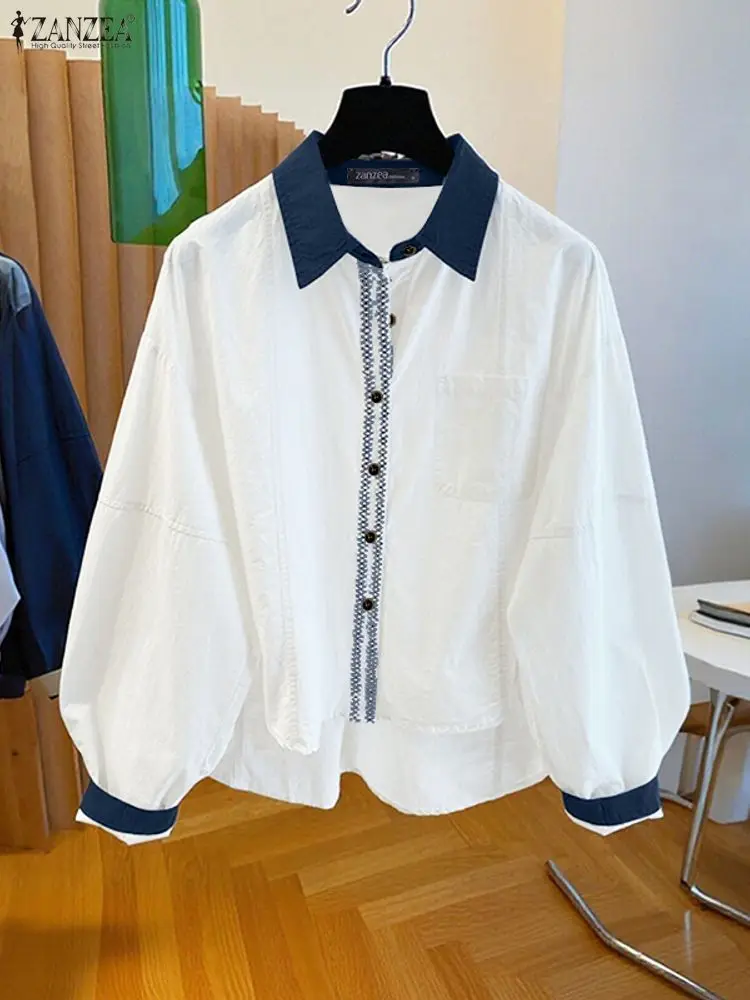 2023 ZANZEA Büro Shirts Frauen Herbst Patchwork Bluse Mode Revers Hals Langarm Tops Casual Tasten Blusas Tunika Oversize
