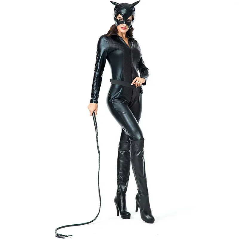 

Black Sexy Shiny Onepiece Jumpsuit Long Sleeve Cat Women Jumpsuit Zipper PU Leather Bodysuit Halloween Cosplay Costume Uniform