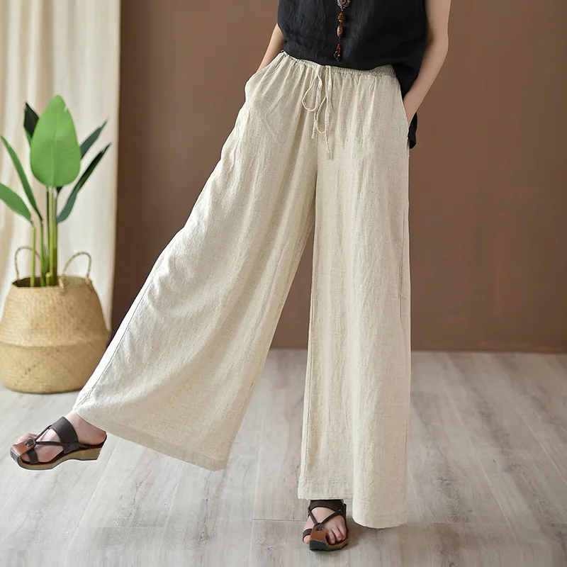 Retro Washed Linen Cotton Yoga Pants Women's Loose Wide Leg Casual Trousers Spring New Style Artistic Vintage Drawstring