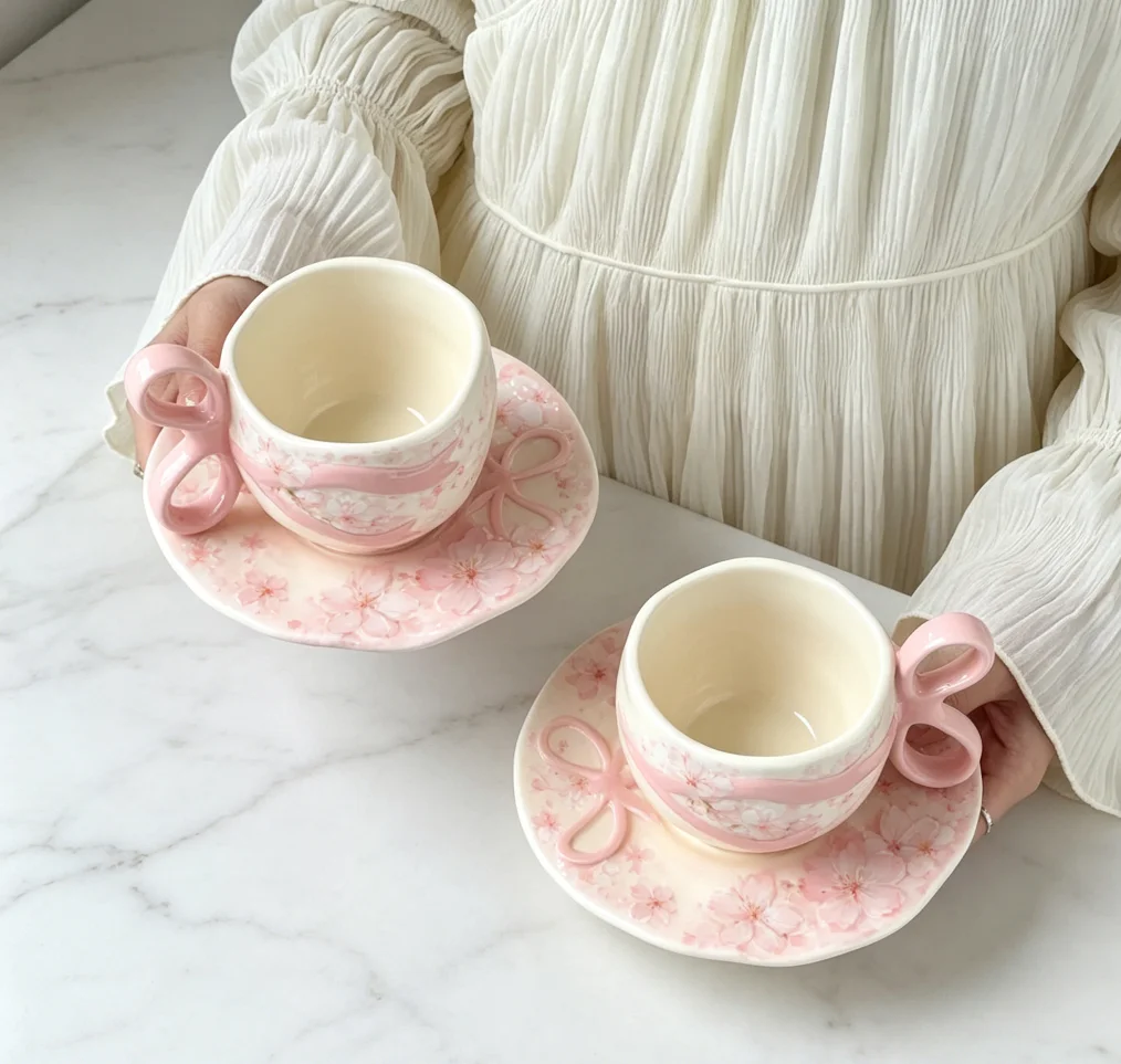 Cute Bow Ribbon Ceramic Coffee Mug with Saucer Set, Ins Style Tea Cup, Unique Drinkware for Home Office