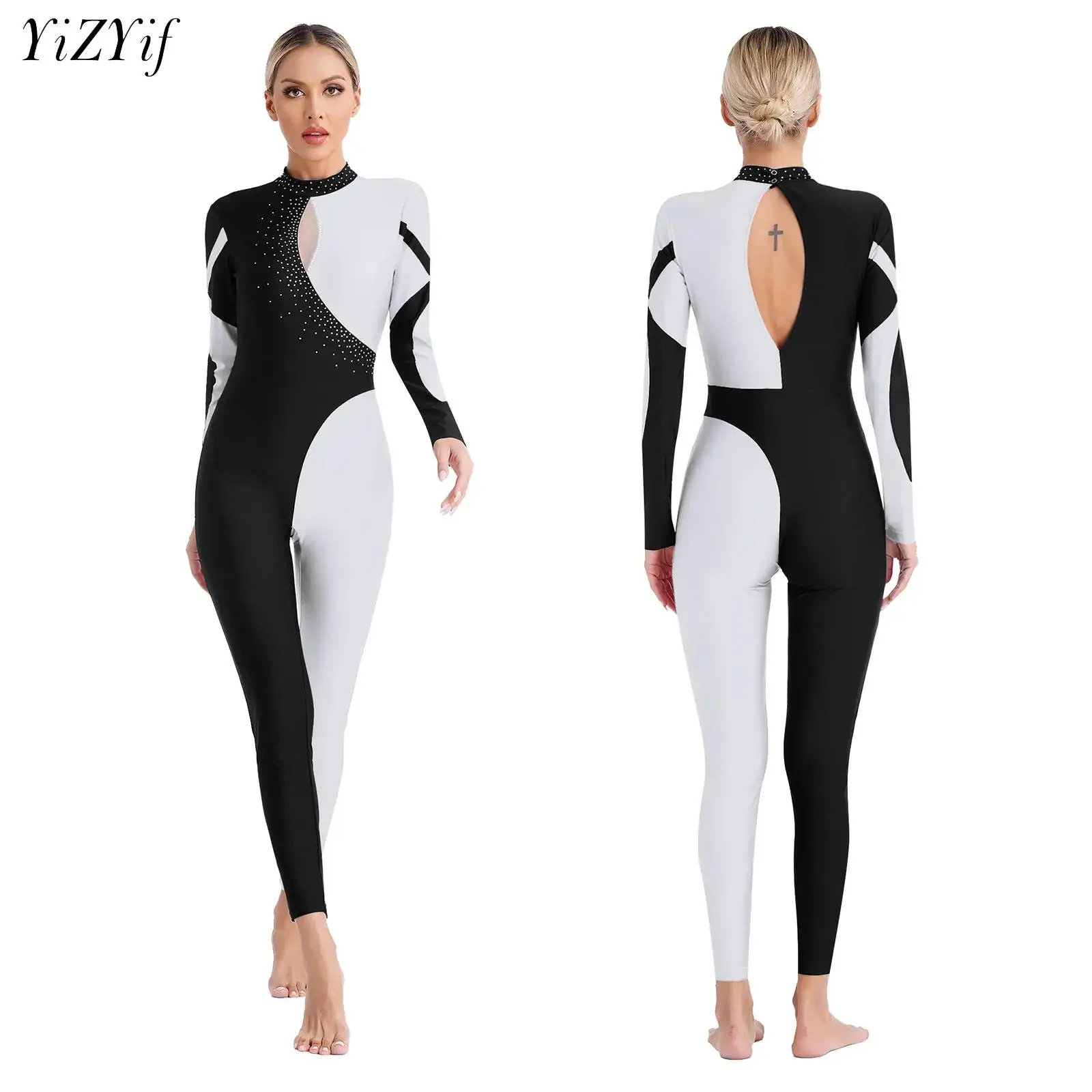 

Women Rhinestone Ballet Dance Gymnastics Leotard Figure Skating Acrobatics Costume Dancewear Long Sleeve Jersey Unitard Jumpsuit