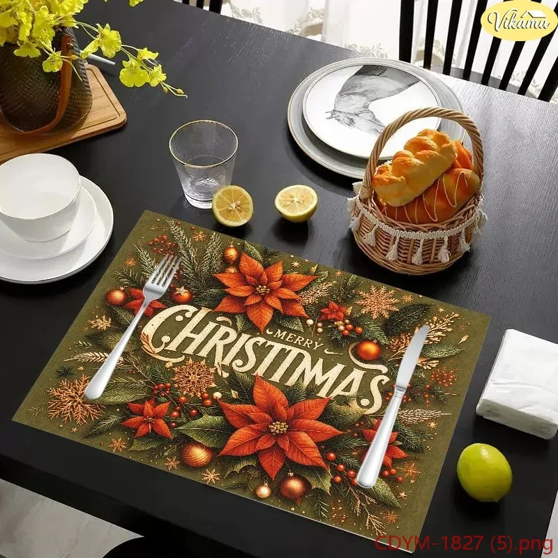 VIKAMA Christmas Placemats Olive Green Merry Christmas Red Poinsettia Gold Snowflake Washable Dining Mat Winter Kitchen Decor