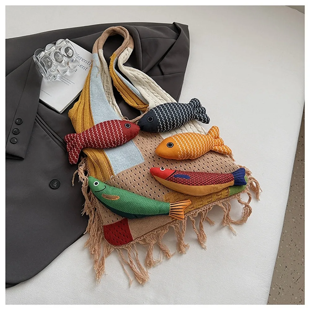 

Модная летняя хлопковая вязаная крючком сумка на плечо, большая вместительная пляжная сумка с рыбьими кисточками, модная женская сумка-тоут