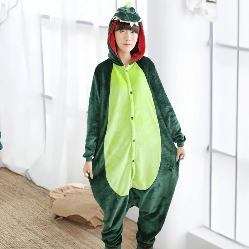 Adults Cartoon Dinosaur Onesies Pajamas Women Men Warm Plush Sleepwear Cosplay Costume Jumpsuits