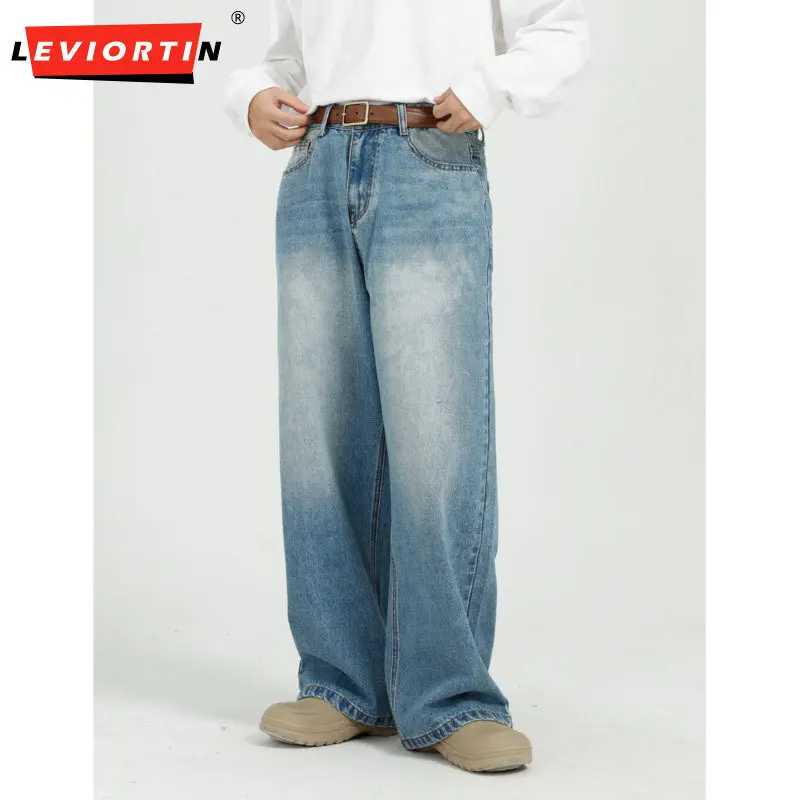 LEVIORTIN Male Jeans Casual Gradient Color Pockets Button Men Straight Denim Pants Korean Trendy Men's Trousers Spring 2024