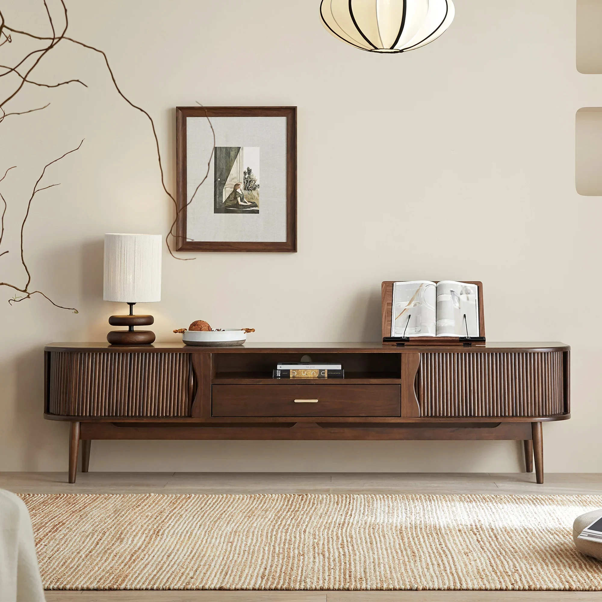 A Chinese Style Black Walnut Color Solid Wood TV Cabinet Living Room Nordic Coffee Table Combination Locker Retro Style